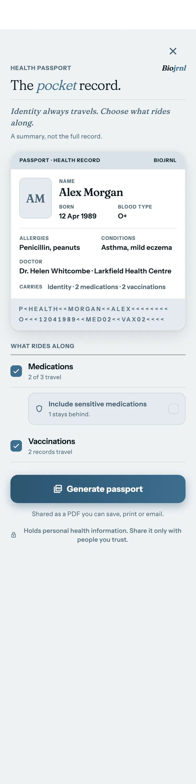 The Biojrnl health passport screen