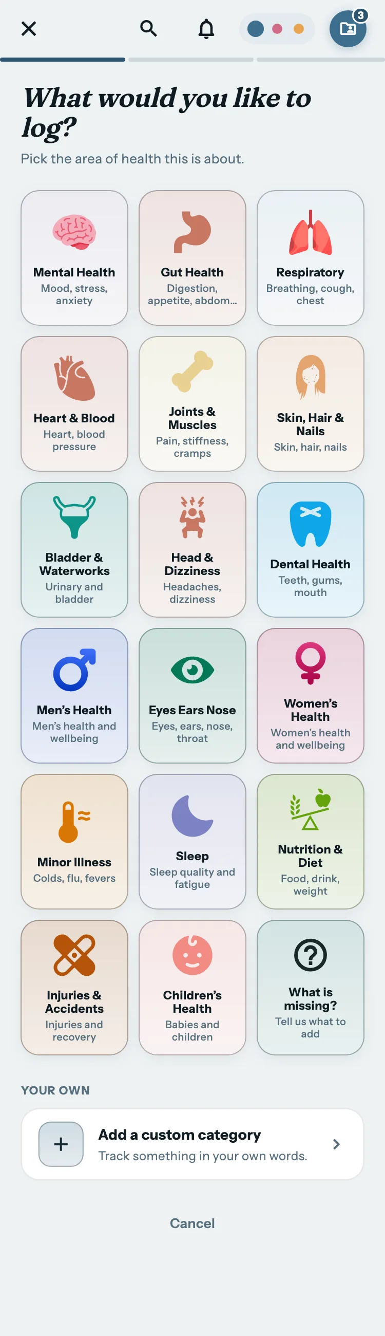 The Biojrnl pick a category screen