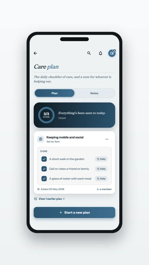 A shared care plan with daily tasks