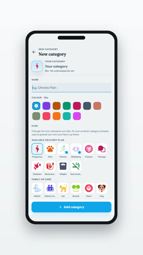 Creating a custom category: name, colour palette and the real icon picker