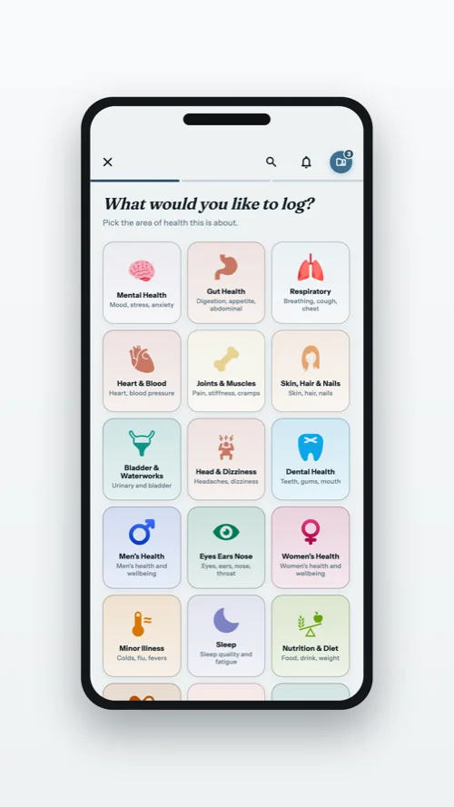The category picker, the first step of a new entry