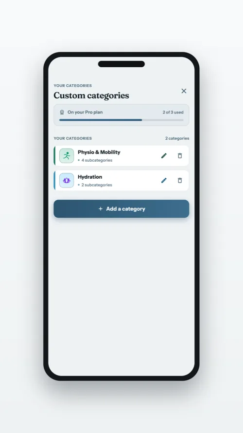 The custom categories manager on the Pro plan