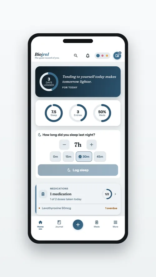 The Biojrnl home screen with sleep logging and today’s medications
