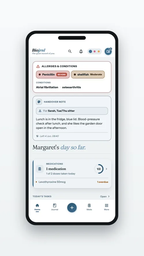 The home screen of a profile someone else manages, with allergies and a handover note
