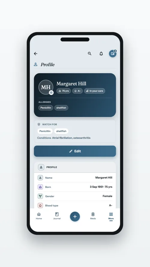 The health profile of a managed person: allergies, conditions and key details