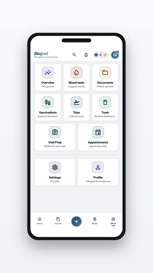 The More screen: results, documents, vaccinations, trips and settings