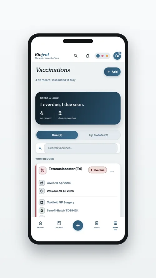 The vaccination record, with what is due and what is overdue